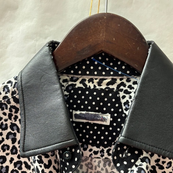 John Lennon thrashed Dress Shirt Leopard Print Faux Leather Trim Rocker Shirt - Picture 9 of 14